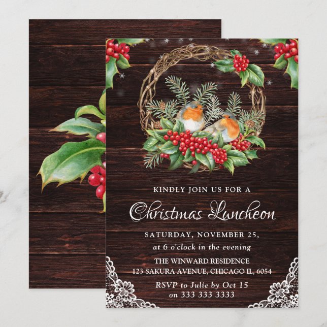 Invitation Déjeuner de Noël Couronne de houx et Merles Rustiq (Devant / Derrière)