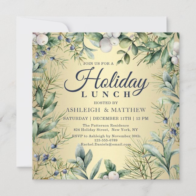 Invitation Déjeuner de Noël Floral d'Hiver Rustique (Devant)