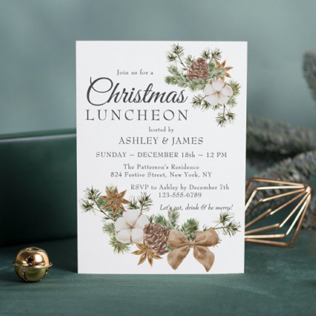 Invitation Déjeuner de Noël Party Coton Rustique et Pin (Créateur téléchargé)