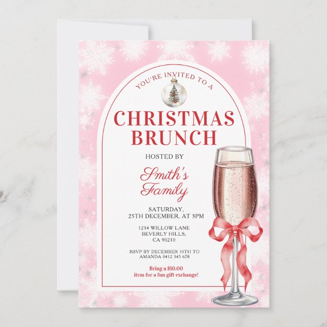 Invitation Déjeuner de Noël Party Ruban Rouge Vin Rose Gingha (Devant)
