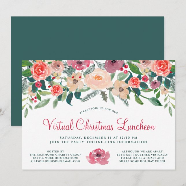 Invitation Déjeuner de Noël virtuel Florales d'hiver (Devant / Derrière)