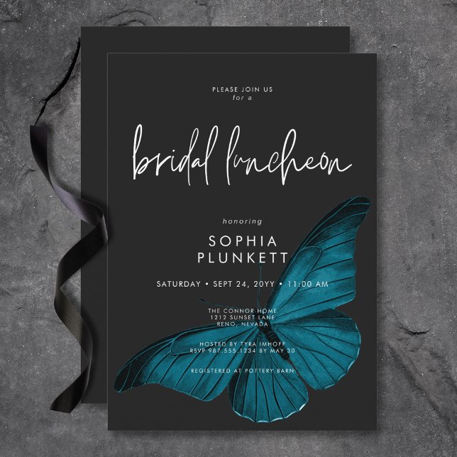 Invitation Déjeuner de nuptiale Turquoise Moth Moody minimal (Dark Moody Minimal Teal Moth Bridal Luncheon Invitation)