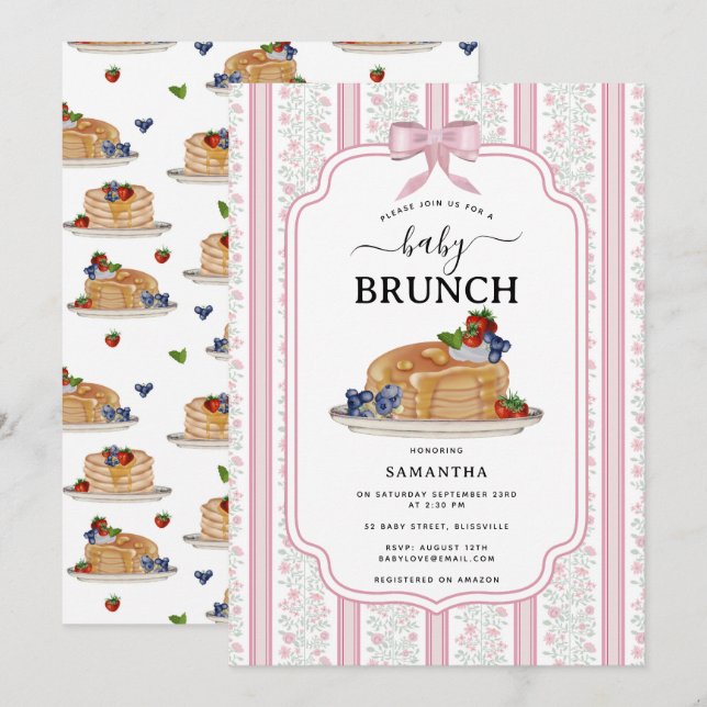 Invitation Déjeuner de Pancakes Rose Fleur Bébé (Devant / Derrière)