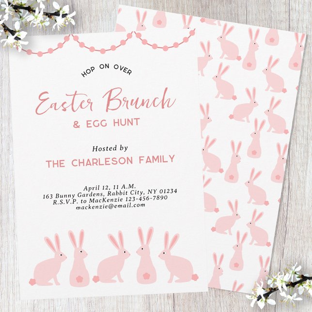 Invitation Déjeuner de Pâques avec un lapin mignon (Pink Bunny Rabbit Easter Brunch invitation)