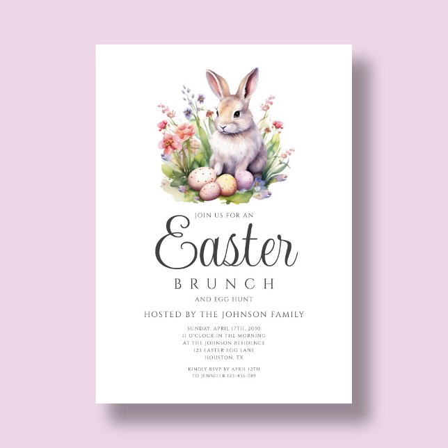 Invitation Déjeuner de Pâques avec un Lapin Mignon et Chasse  (Cute Bunny Easter Brunch And Egg Hunt Invitation)