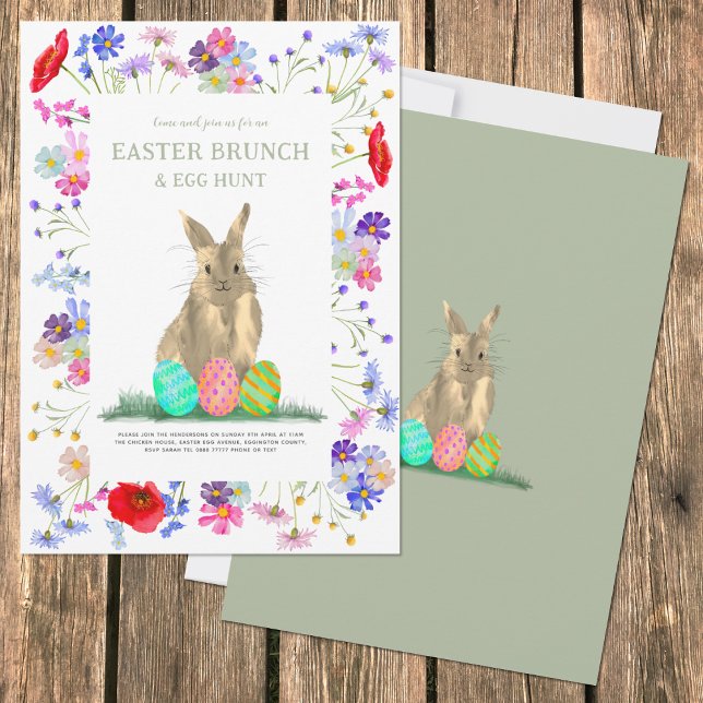 Invitation Déjeuner de Pâques Chasse aux œufs de Pâques Lapin (Easter egg hunt and spring brunch cute bunny colorful wildflower floral watercolor invitation)
