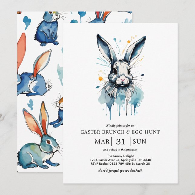 Invitation Déjeuner de Pâques & Chasse aux œufs | Lapin aquar (Devant / Derrière)