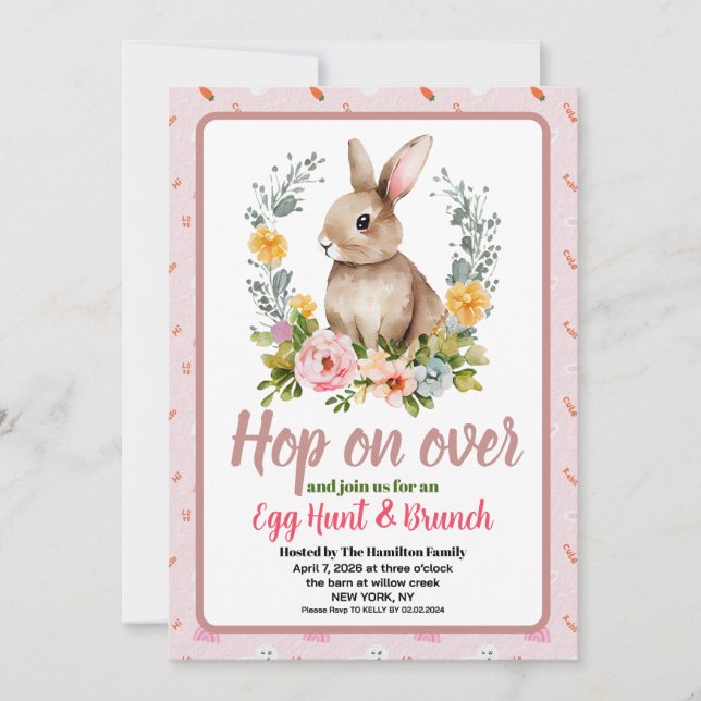 Invitation Déjeuner de Pâques & Chasse aux œufs Lapin aquarel (Devant)