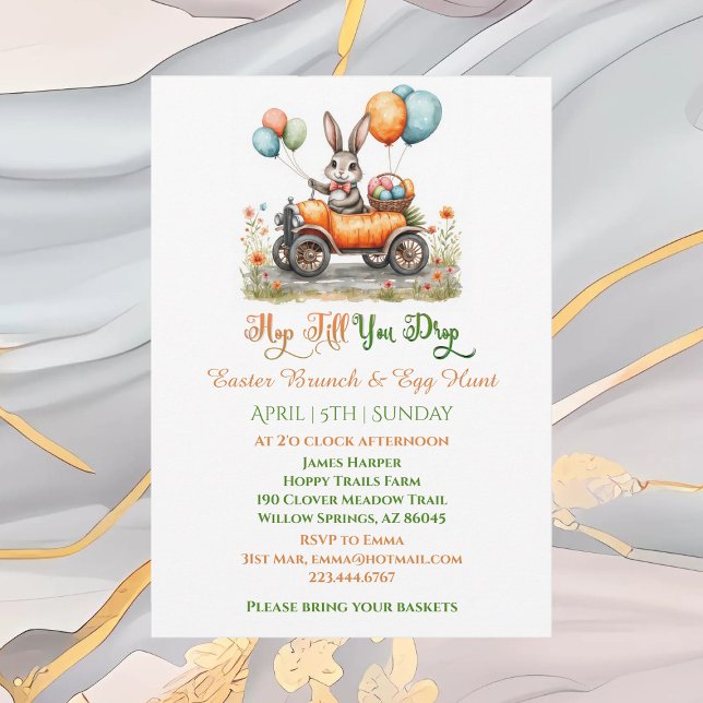 Invitation Déjeuner de Pâques & Chasse aux œufs | Lapin de pr (Easter Brunch & Egg Hunt | Spring Bunny Carrot Car Invitation)