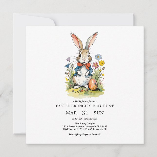 Invitation Déjeuner de Pâques & Chasse aux œufs | Lapin Wildf (Devant)