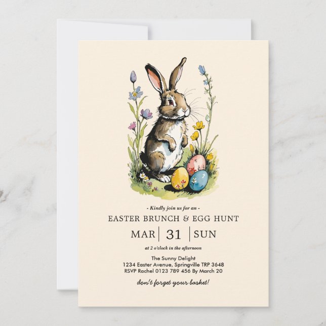Invitation Déjeuner de Pâques & Chasse aux œufs | Lapin Wildf (Devant)