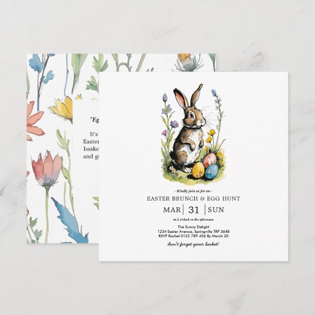 Invitation Déjeuner de Pâques & Chasse aux œufs | Lapin Wildf (Devant / Derrière)