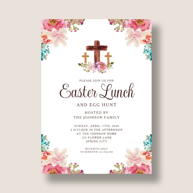 Invitation Déjeuner de Pâques croix florale élégante  (Elegant Floral Cross Easter Lunch Invitation)