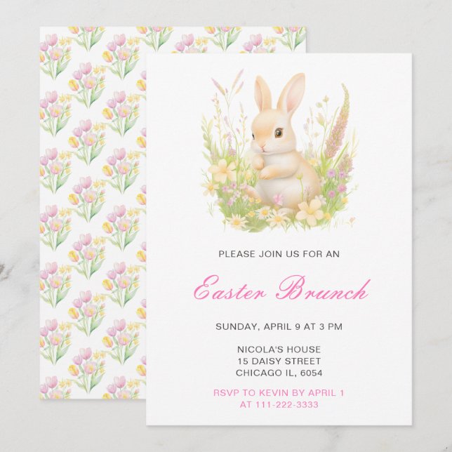 Invitation Déjeuner de Pâques du lapin printanier (Devant / Derrière)