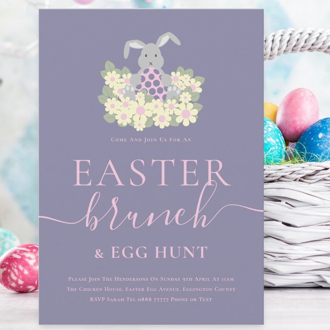 Invitation Déjeuner de Pâques et chasse aux œufs (Cute easter bunny egg hunt and brunch spring party purple pink invitation )