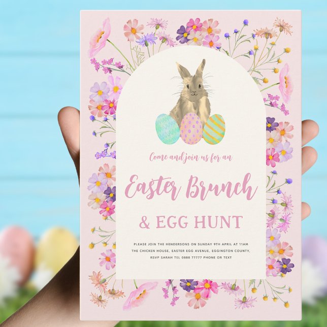 Invitation Déjeuner de Pâques Floral et Chasse aux Œufs (Easter brunch and egg hunt boho wildflowers and bunny pink invitation )
