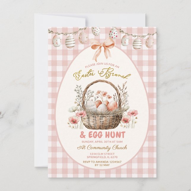 Invitation Déjeuner de Pâques Floral Gingham Pêche et Chasse  (Devant)