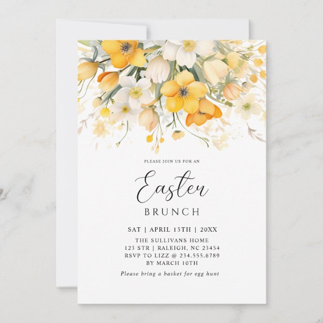 Invitation Déjeuner de Pâques Floral Jaune Moderne de Printem (Devant)