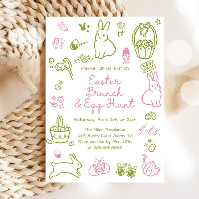 Invitation Déjeuner de Pâques rose et vert et fête de chasse  (Créateur téléchargé)