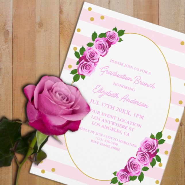 Invitation Déjeuner de remise de diplôme aux roses roses rayé (Créateur téléchargé)