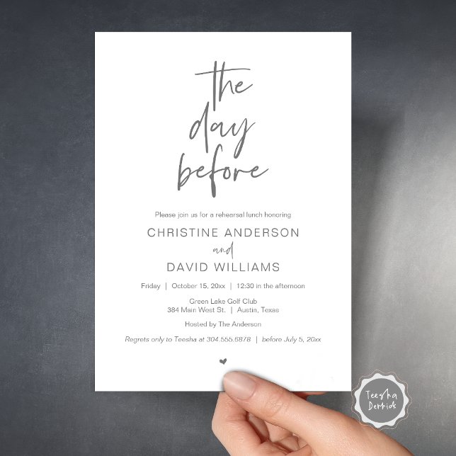 Invitation Déjeuner de répétition moderne, La veille (The day before, Wedding Rehearsal Lunch Invitation Card, Modern Minimalist Script, Dark Grey)