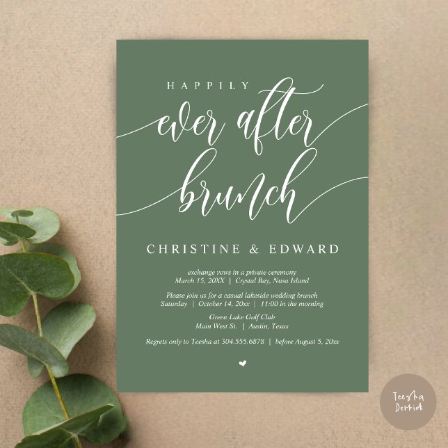 Invitation Déjeuner d'Elopement Happily Ever After, Vert Saug (Happily Ever After Elopement Brunch Invitation Card, Post-wedding, PDF, in Forest Sage Green)