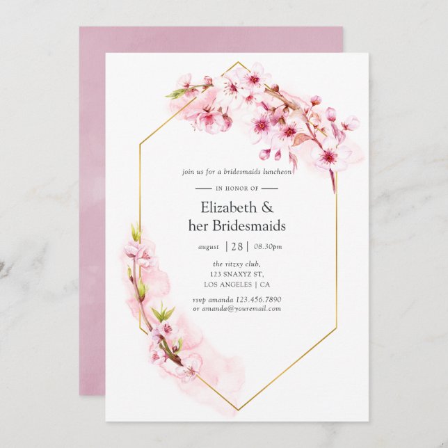 Invitation Déjeuner des femmes d'honneur en fleurs rose géomé (Devant / Derrière)