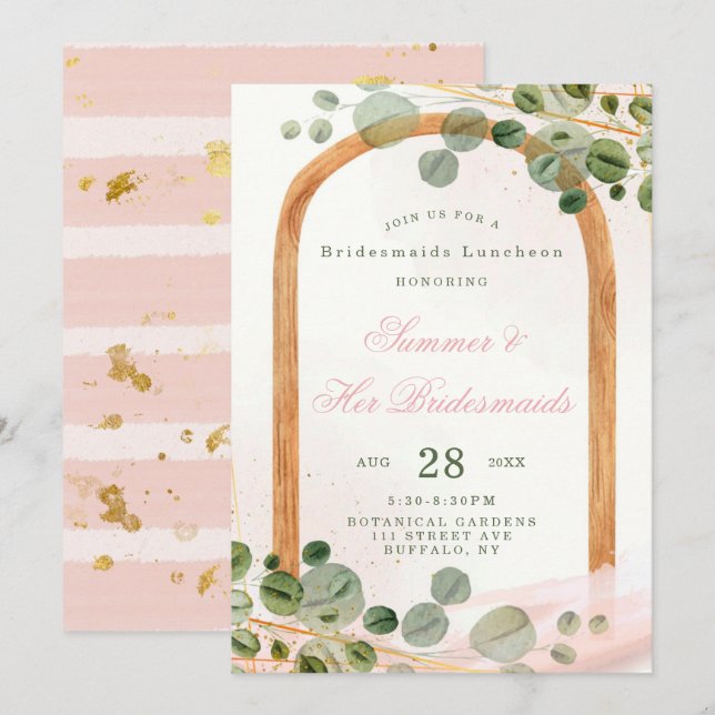 Invitation Déjeuner d'Eucalyptus Rose Arc En Bois (Devant / Derrière)