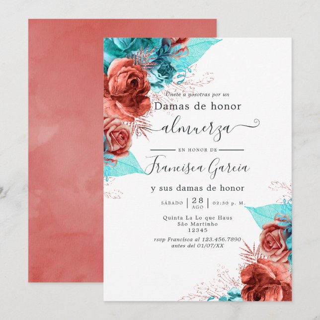 Invitation Déjeuner d'servante espagnole Turquoise et Coral (Devant / Derrière)