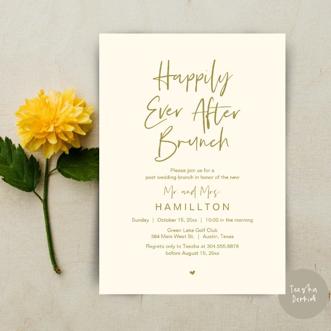 Invitation Déjeuner du bonheur éternel, fête de mariage intim (Happily Ever After Brunch The Morning After Invitation Card PDF Newlyweds in Aesthetic Yellow Gold)