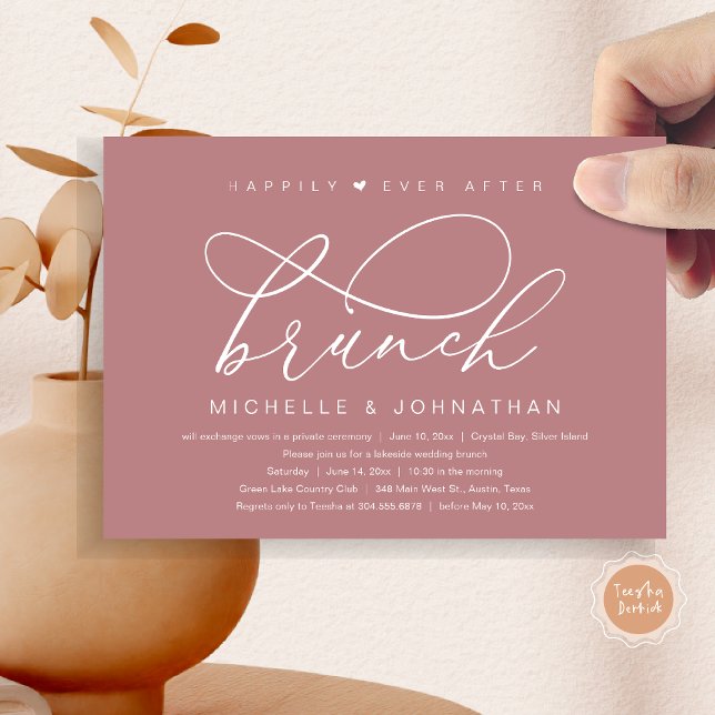 Invitation Déjeuner du bonheur éternel, fête romantique moder (Happily Ever After Brunch Party, Invitation Card, Modern Romantic Wedding Elopement, Dusty Rose Pink)