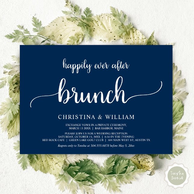 Invitation Déjeuner du bonheur éternel, Fugue, Bleu marine (Happily ever after brunch, Modern wedding, invitation card, PDF, in Navy Blue)