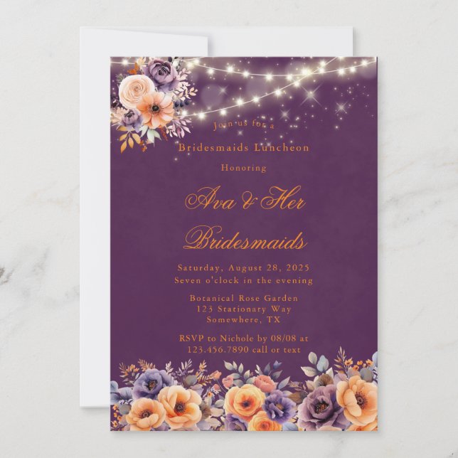 Invitation Déjeuner Eggplant Orange Floral Élégant Bridesmaid (Devant)