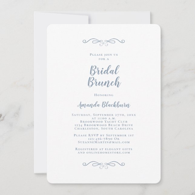 Invitation Déjeuner Élégant de Mariée Bleu Poussiéreux (Devant)