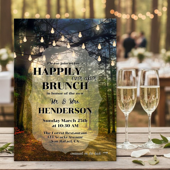 Invitation Déjeuner enchanté dans la forêt enchantée pour tou (Happily Ever After wedding brunch invitation showing an enchanted forest with festive string lights)