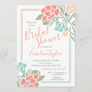 Invitation Déjeuner Floral Coral et Fête de l'mariée Turquois