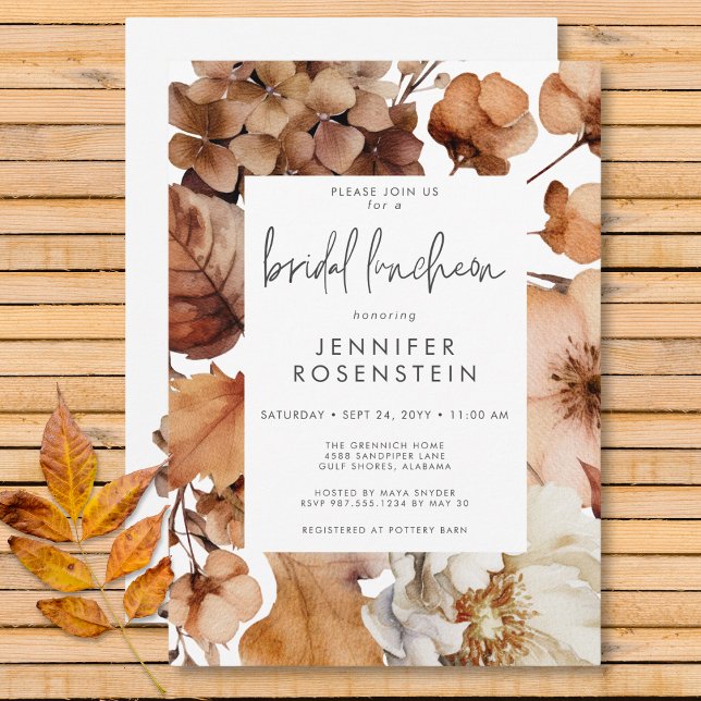 Invitation Déjeuner nuptial à cadre floral neutre d'automne m (Modern Fall Neutral Floral Frame Bridal Luncheon Invitation)