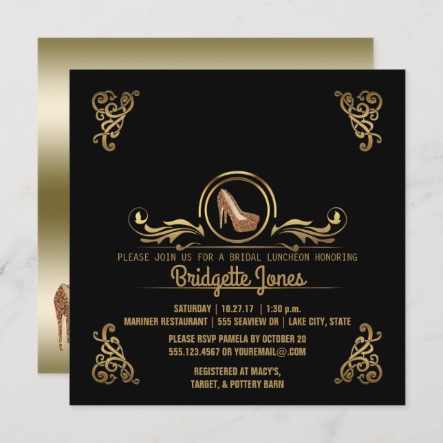 Invitation Déjeuner nuptial Black Gold| Fête de l'mariée Mari (Devant / Derrière)