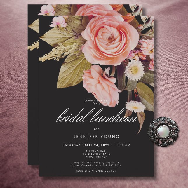 Invitation Déjeuner nuptial Black Moody Rose Blush Blooms (Black Moody Pink Blush Blooms Bridal Luncheon Invitation)