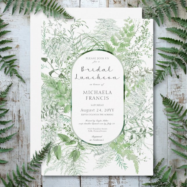 Invitation Déjeuner nuptial blanc Folion vert rustique (Rustic Fern Green Foliage White Bridal Luncheon Invitation)
