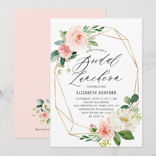 Invitation Déjeuner nuptial cadre or géométrique Florales ros (Devant / Derrière)