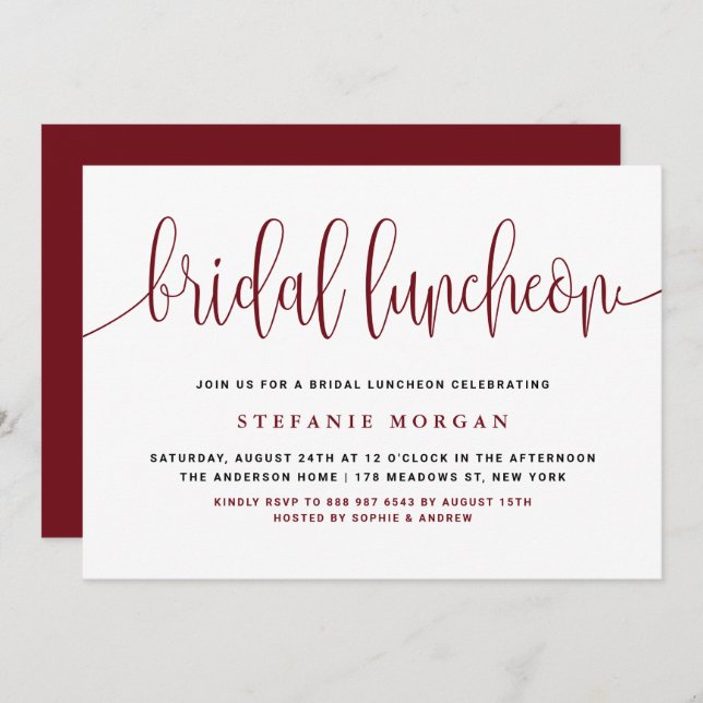 Invitation Déjeuner nuptial de Burgundy Pretty Calligraphy (Devant / Derrière)