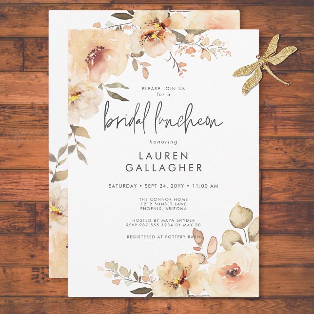 Invitation Déjeuner nuptial de champagne d'automne moderne Ca (Modern Fall Champagne Floral Frame Bridal Luncheon Invitation)