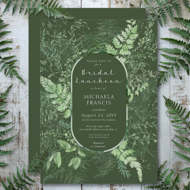Invitation Déjeuner nuptial d'Emeraude Rustique Fern Green Fo (Rustic Fern Green Foliage Emerald Bridal Luncheon Invitation)