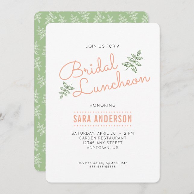 Invitation Déjeuner nuptial des Feuilles de Sage Green et de  (Devant / Derrière)