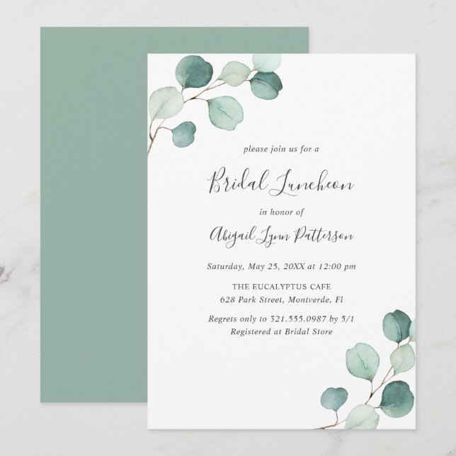 Invitation Déjeuner nuptial Eucalyptus Elégant (Devant / Derrière)