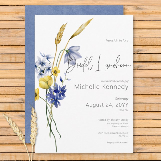 Invitation Déjeuner nuptial Fleur sauvage bleu et jaune moder (Modern Blue & Yellow Wildflowers Bridal Luncheon Invitation)