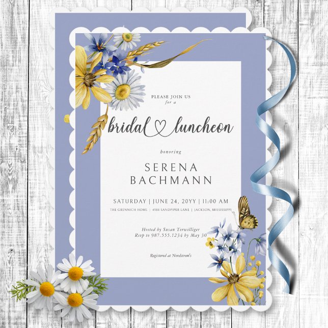 Invitation Déjeuner nuptial Fleur sauvage bleu et jaune rusti (Rustic Blue & Yellow Wildflowers Bridal Luncheon Invitation)