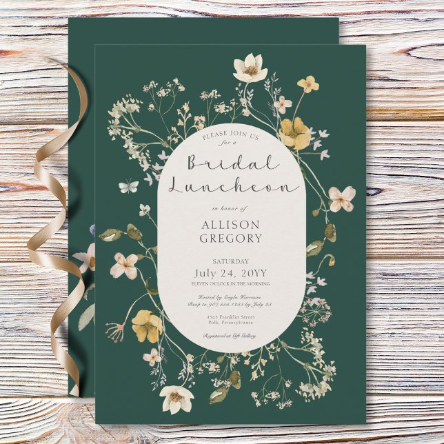 Invitation Déjeuner nuptial Fleur sauvage rustique (Rustic Wildflower Frame Green Bridal Luncheon Invitation)