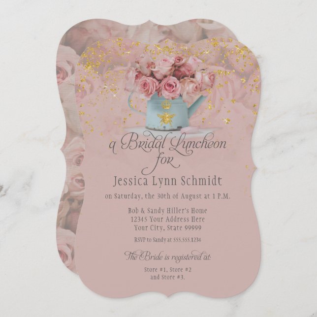 Invitation Déjeuner nuptial Floral Dusty Rose Parties scintil (Devant / Derrière)